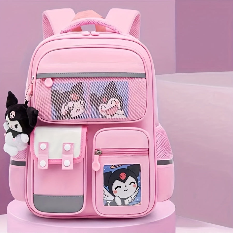 Kawaii Kuromi-themed school backpack with multiple pockets, lightweight design, shoulder straps, and compartments for organizing supplies and rewards.