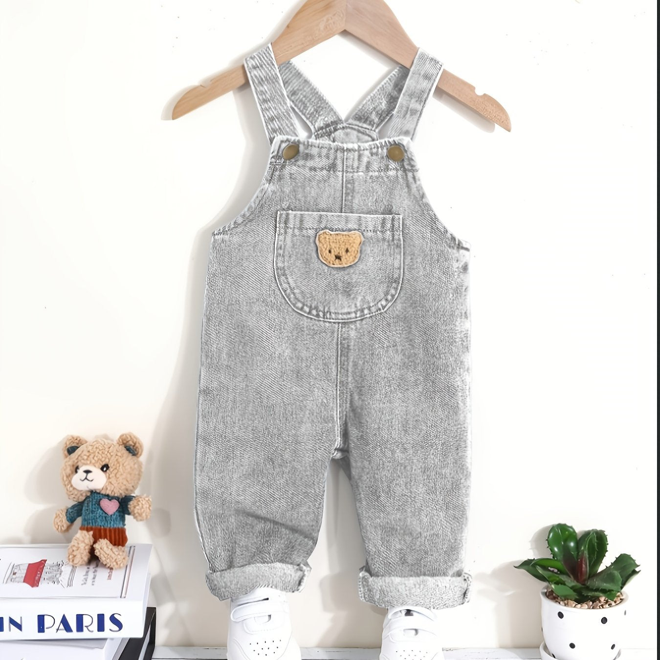 Boys' green denim overalls with bear patch - blend fabric, machine washable, casual style for fall/winter, great for outdoor wear.