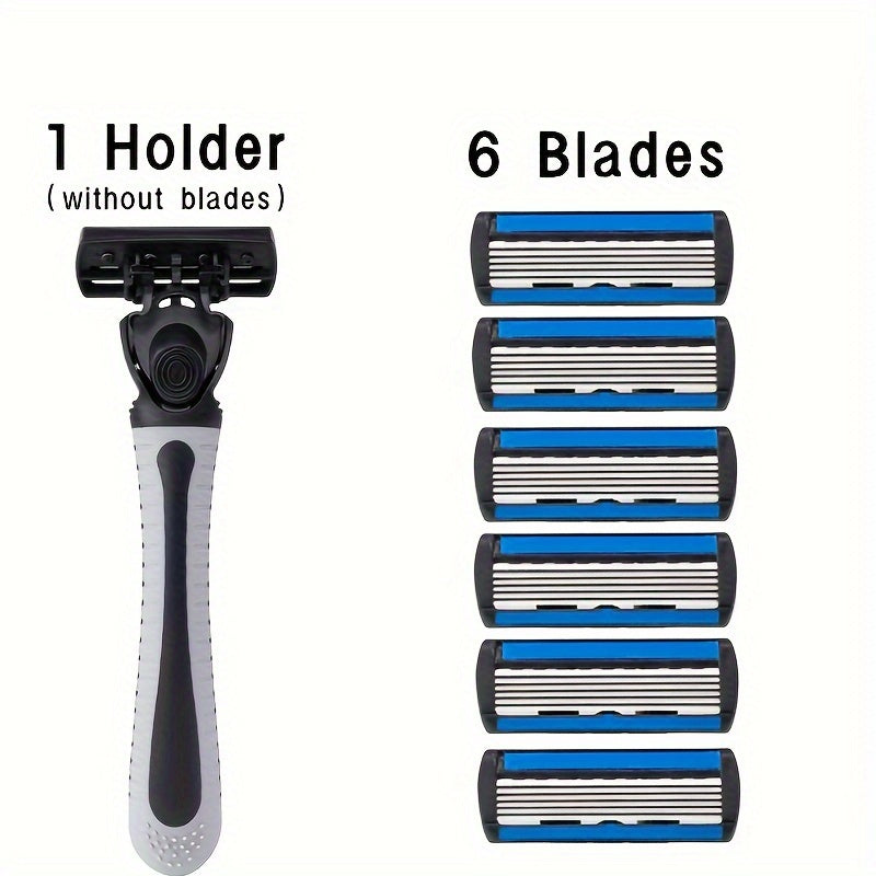 Men's manual shaver set includes 1 handle and 6 replacement blades for a 6-layer stainless steel safety razor.