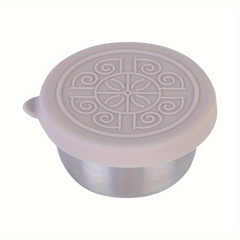 Stainless steel condiment cup with silicone lid. Leakproof and rust resistant. Flower pattern in holiday theme. Includes box. Multicolor.