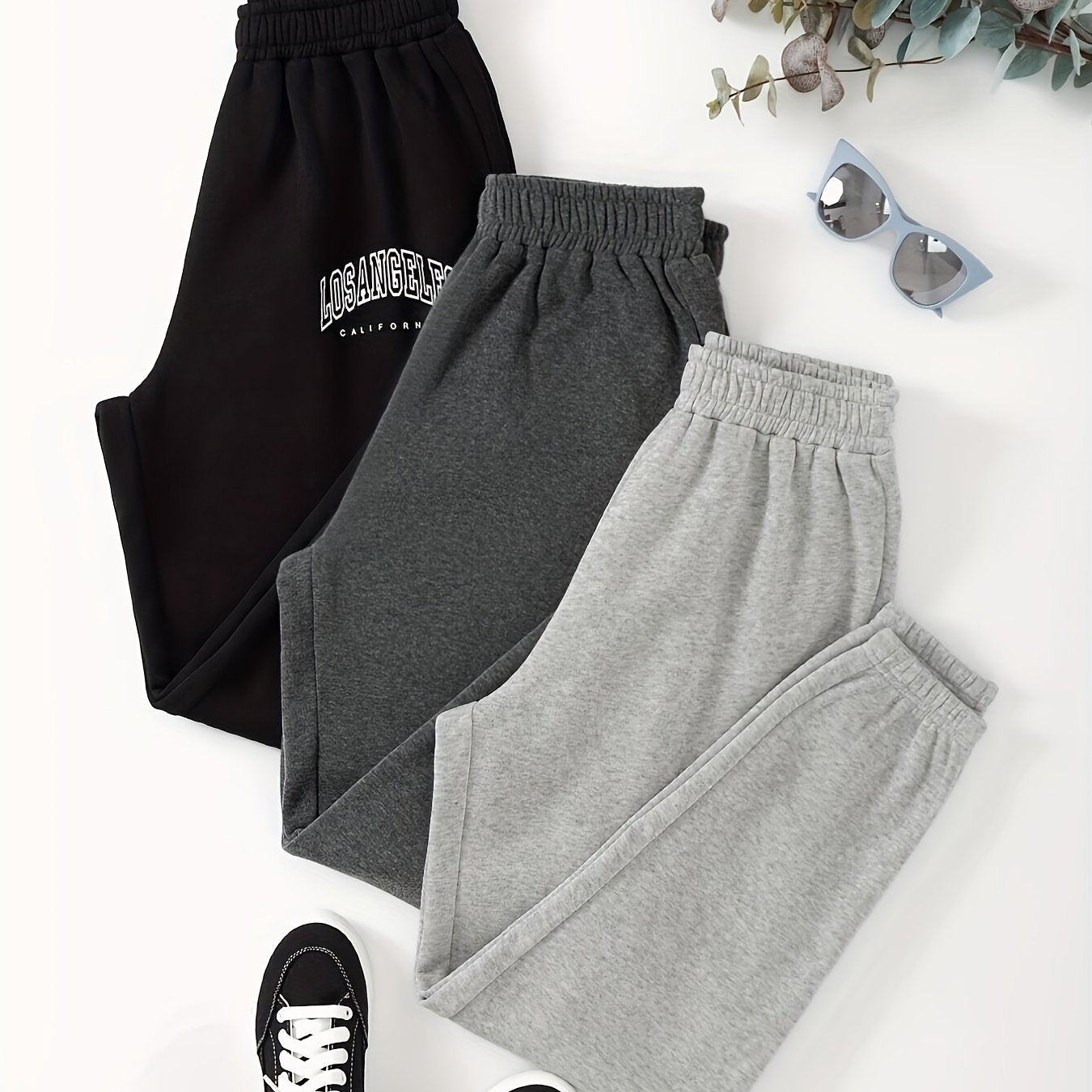 3 pieces of lounge pants with letter print, featuring a casual and soft elastic waistband for women's loungewear and sleepwear.