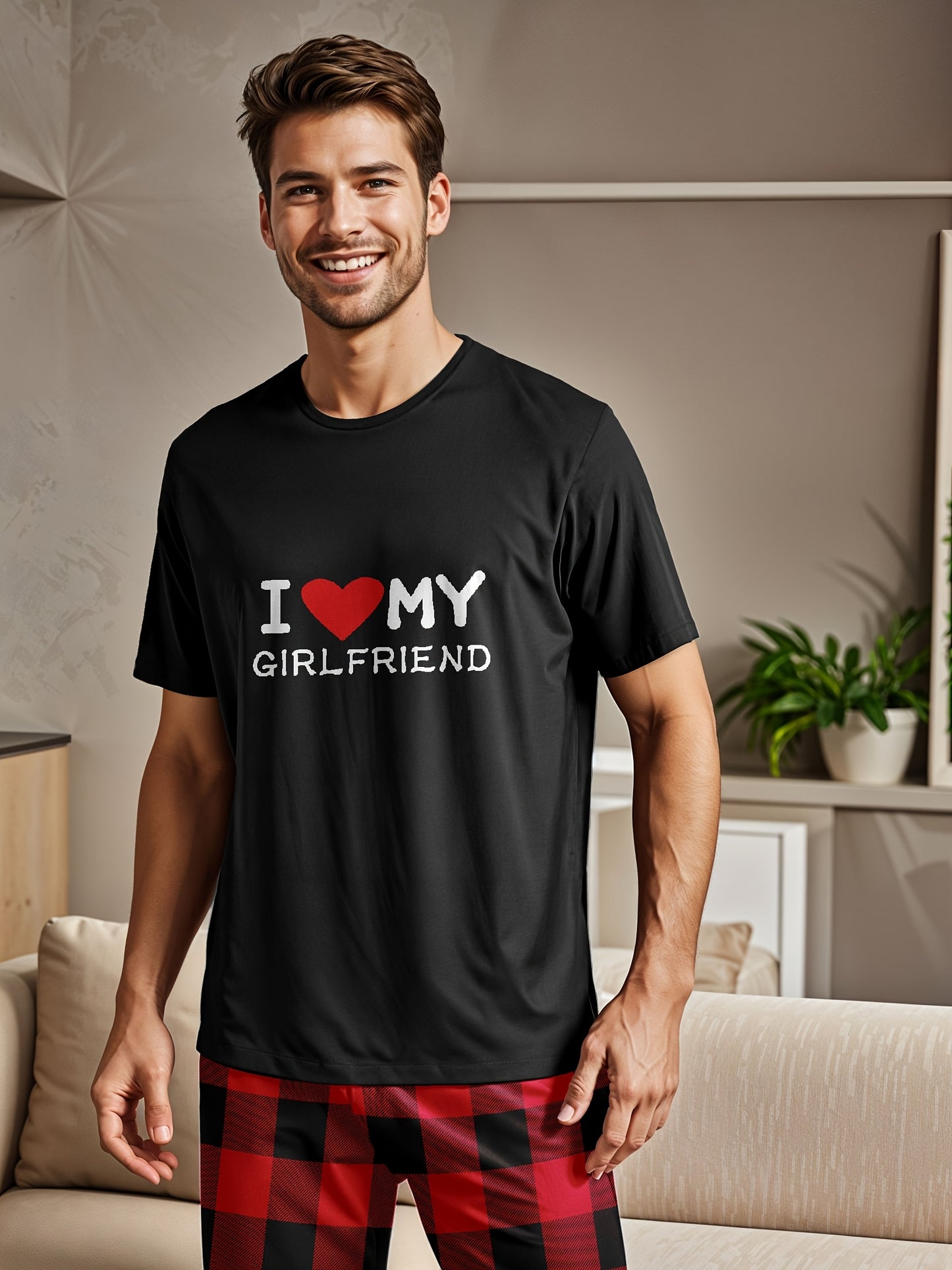 Men's and Women's couple's pajama set with "I Love My Girlfriend" printed t-shirt and red checkered pants, made of polyester knit fabric with crew neck, regular fit, medium stretch, 97%