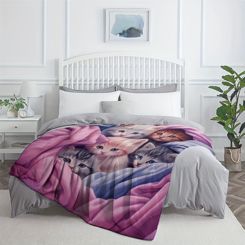 Get cozy with this adorable blue and pink kitten blanket! Perfect for any sofa, office couch, bed, or even travel and camping. This lightweight flannel blanket features digital printing and is super soft and warm. It also makes a great gift for family