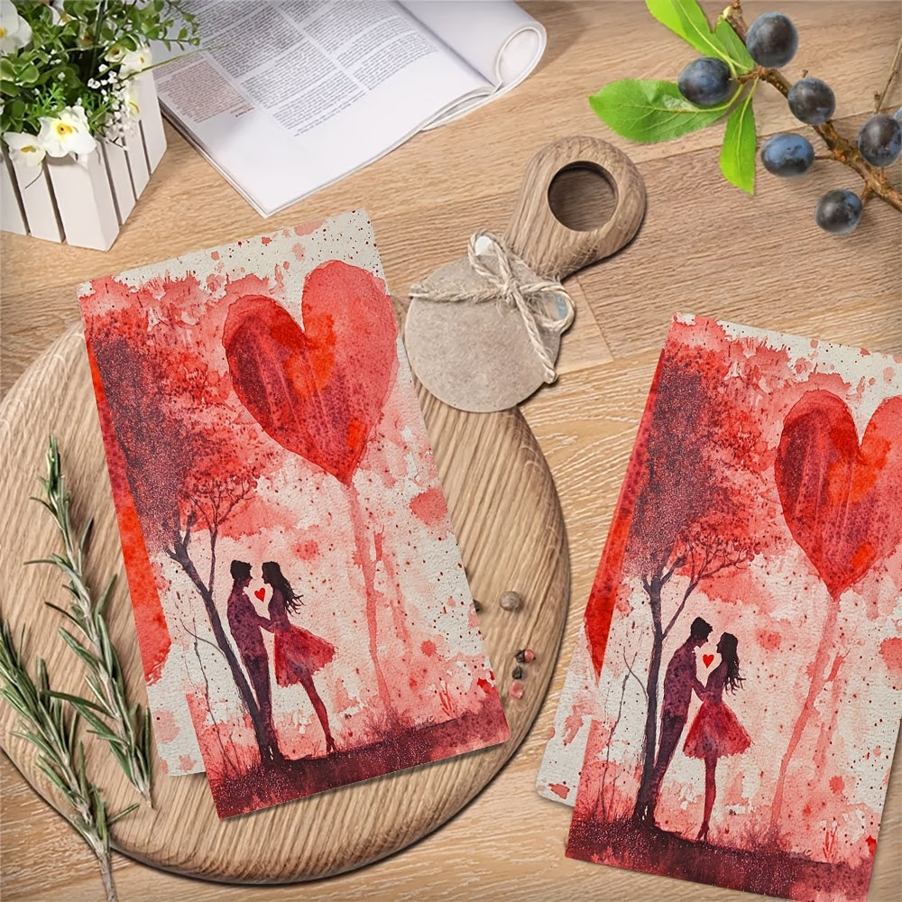 Valentine's Day Kitchen Towels Bundle - Set of 2, Modern Coastal Design, Highly Absorbent Polyester Knit Material, Easy to Clean in Washing Machine, Size 40.64x60.96 cm, Featuring Love & Glitter Theme for Festive Decoration.