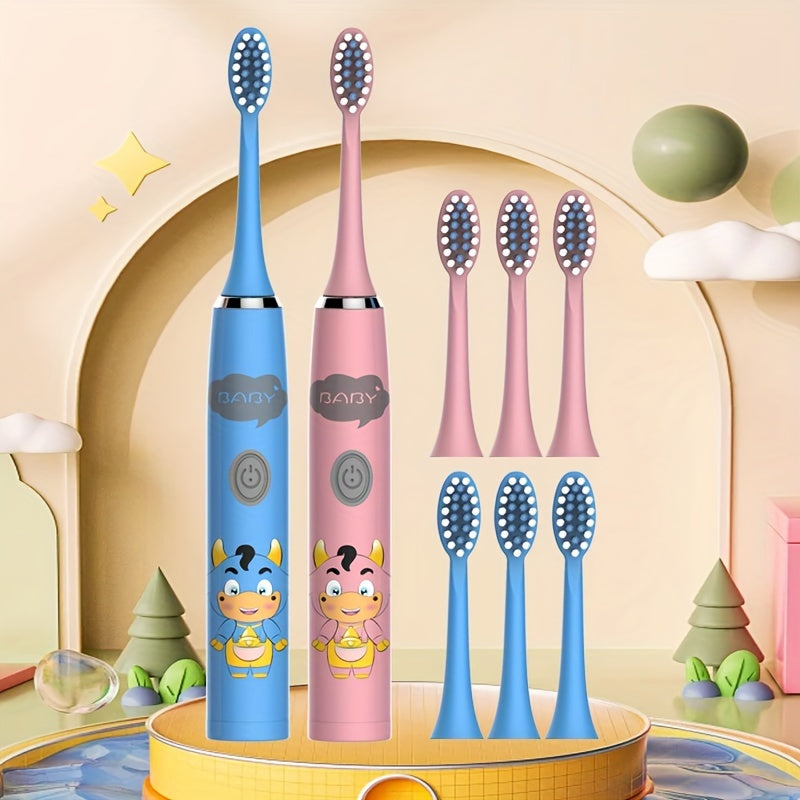 2 Electric Toothbrushes with battery-powered cartoon style and replaceable ultra-soft bristles. Includes 2-12 brush heads and a 2-minute smart timer for effective dental plaque cleaning