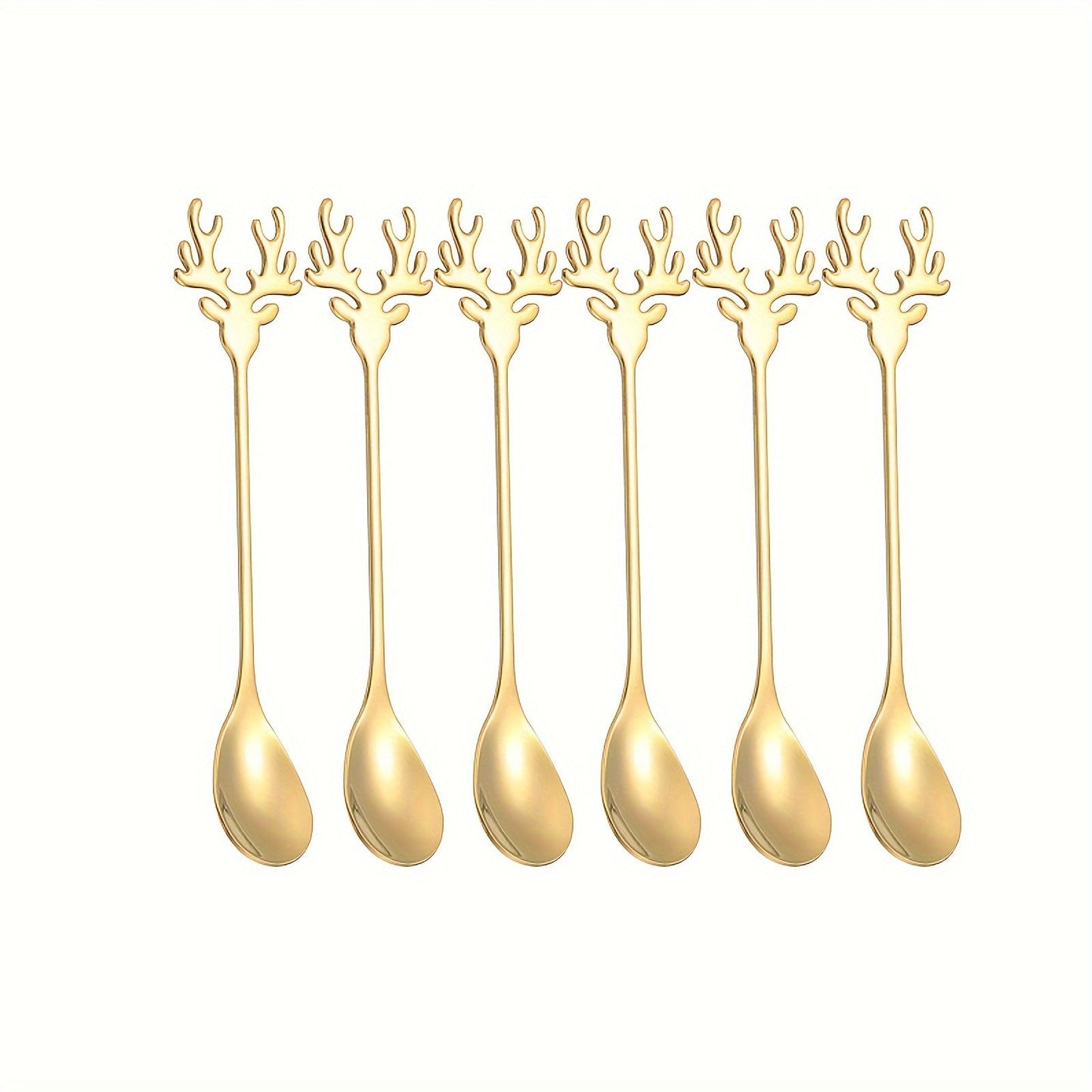 Collection of six festive holiday coffee spoons with a golden Christmas theme, showcasing a charming reindeer head motif crafted from durable stainless steel. Ideal for stirring espresso or tea with seasonal flair.