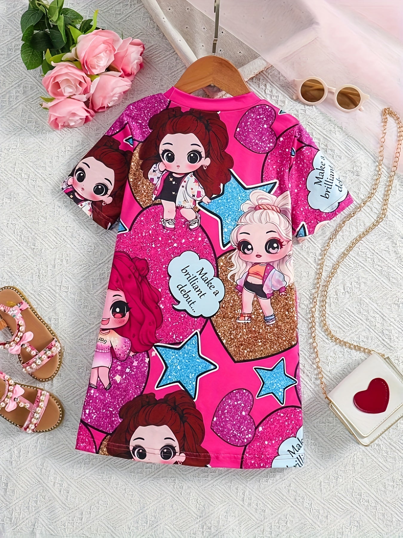 Cute pink cartoon dress for girls with "LOVE" print, made of stretchy polyester blend. Machine washable and perfect for spring/summer/fall events.