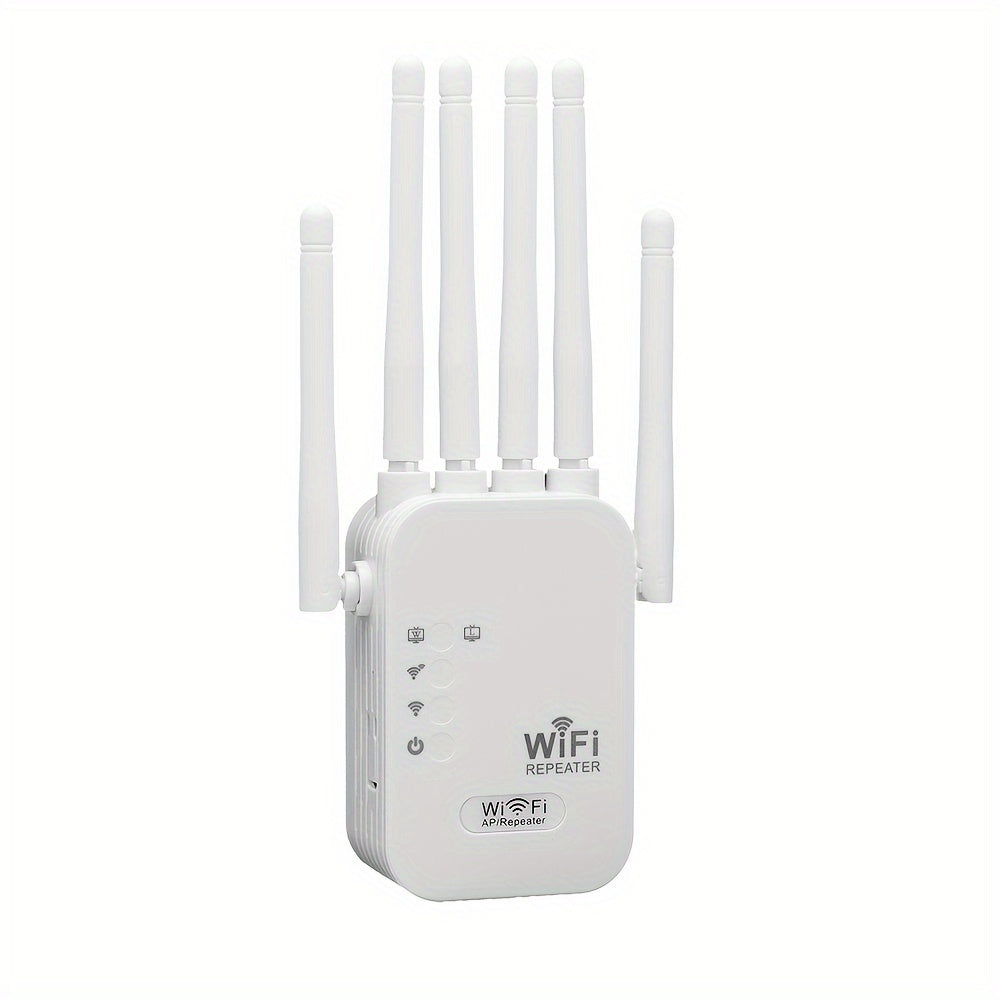 OurLife WiFi Extender boosts signal with 1200Mbps dual band coverage for up to 35 devices. Easy setup, Ethernet port, and 4 external antennas for home or office WiFi enhancement.