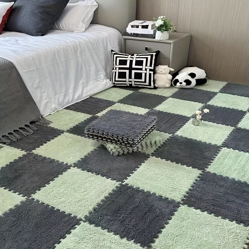 24-piece set of geometric plush area rugs made from washable polyester & EVA, perfect for indoor use in bedrooms and living rooms, pet-friendly and holiday themed.