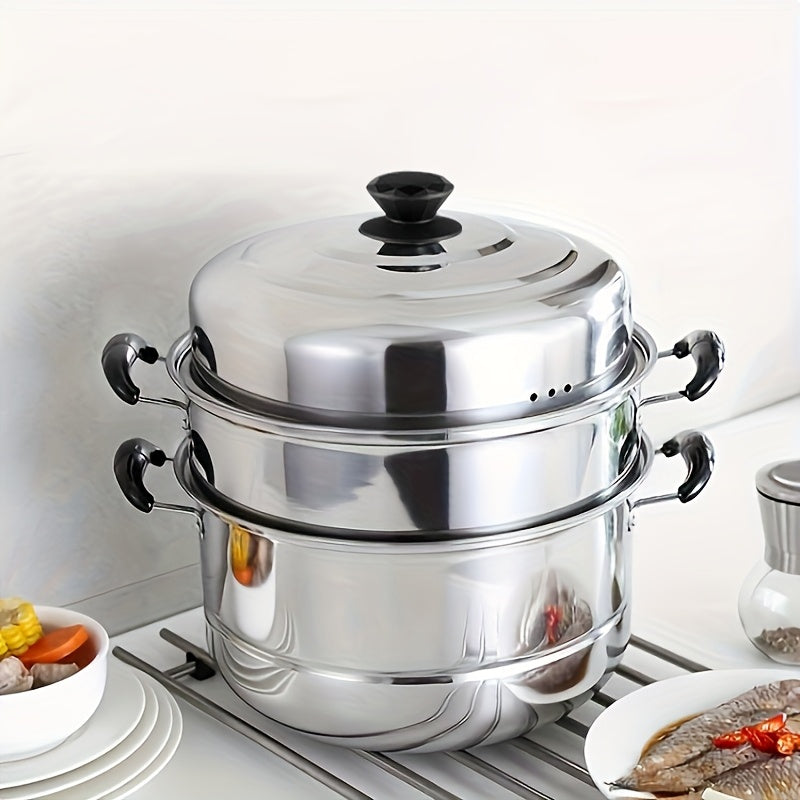 A versatile 3-tier stainless steel steamer set with a lid that is ideal for steaming bread, fish, and vegetables. This steamer set is compatible with induction and gas stoves, making it perfect for use in any kitchen. It is a must-have kitchen essential