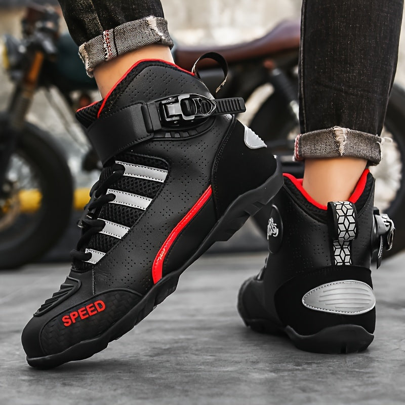 Men's motorcycle riding boots for off-road motorcycles. Ankle high PU leather shoes with protective gear and adjustable strap. Perforated breathable design.