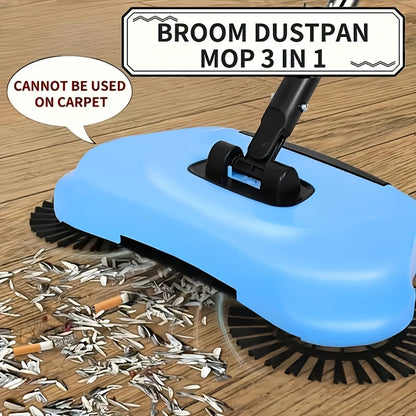 The 3-in-1 Manual Push Sweeper Vacuum is a versatile cleaning tool designed for pet hair, dust, and debris removal on various surfaces including hardwood, tile floors, dry, and wet surfaces. This eco-friendly and electricity-free sweeper is perfect for