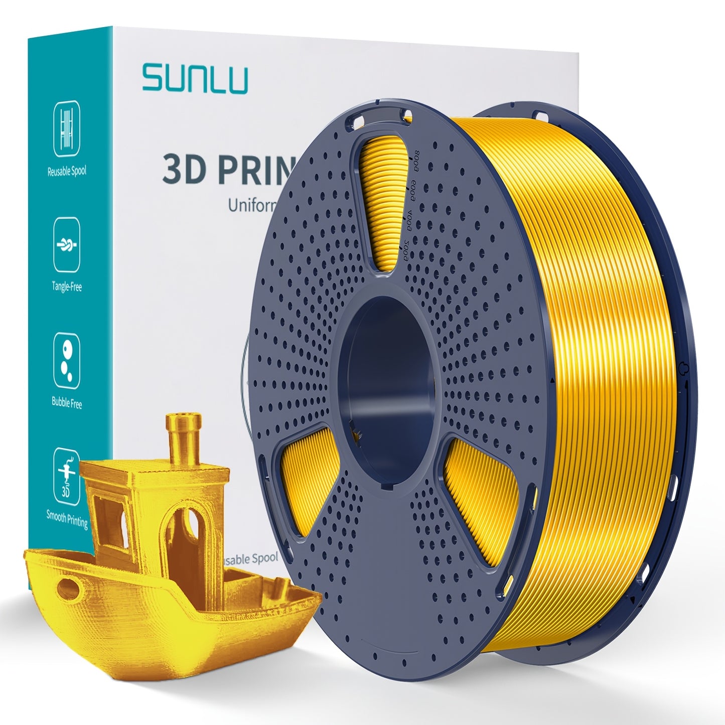 1kg of SUNLU Shiny PLA 3D Printer Filament, 1.75mm, with Smooth Surface and Dimensional Accuracy +/- 0.02mm in Light Golden Color.