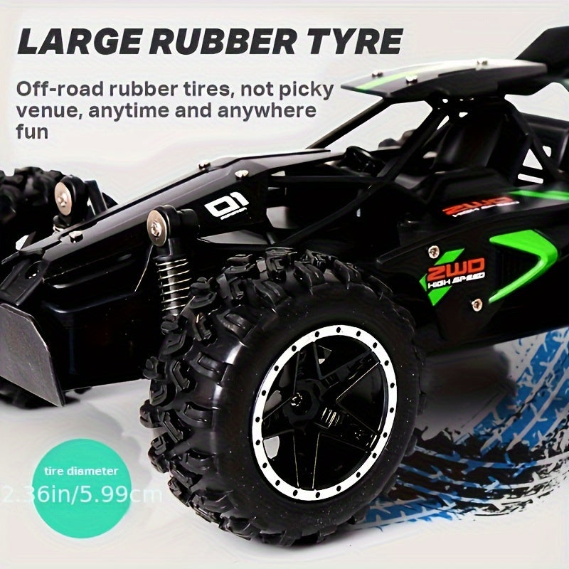 1:18 scale off-road RC car with 2.4G remote control, independent shock absorbers, dual battery, and large tires for all-terrain play.