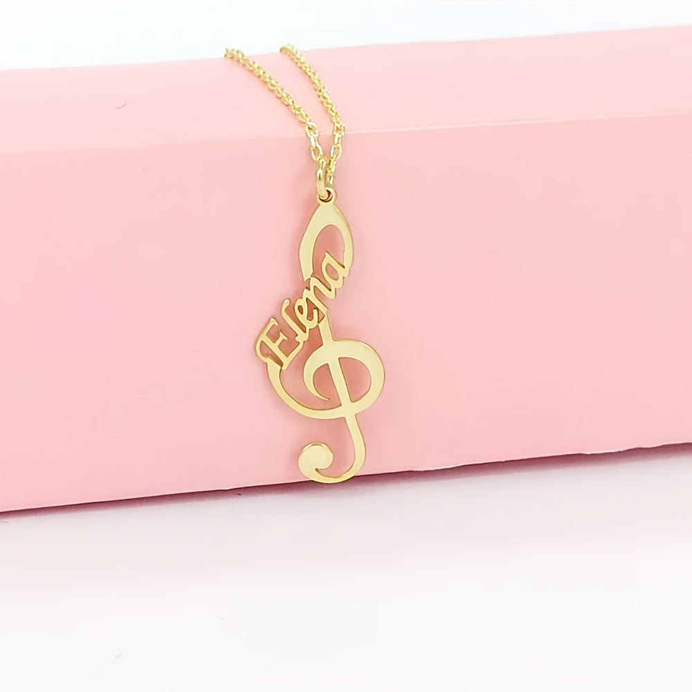 Elegant Bohemian Style Stainless Steel Music Note Necklace Personalized with Name, Perfect for Everyday Wear and Parties, Great Gift for Musicians who Love High Pitch and Custom Music Symbols.