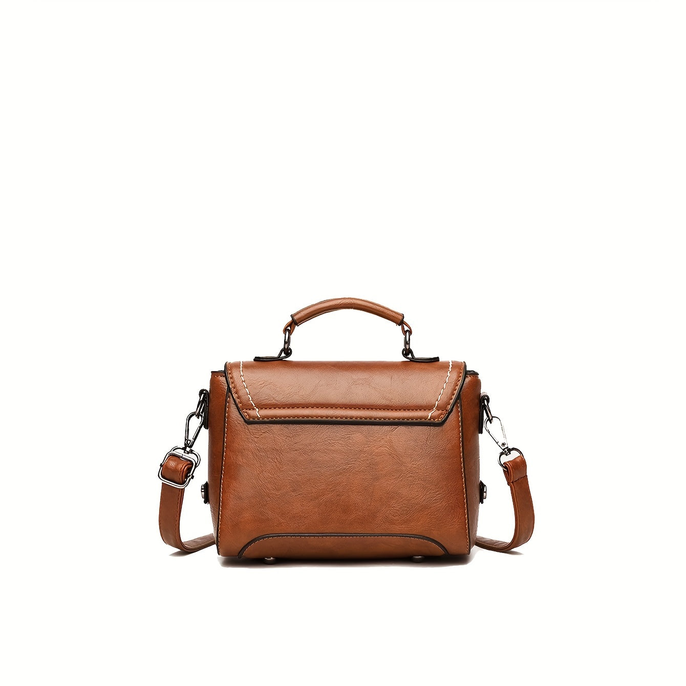 Old-fashioned handbag with embossed letter badge, stylish crossbody satchel for women.