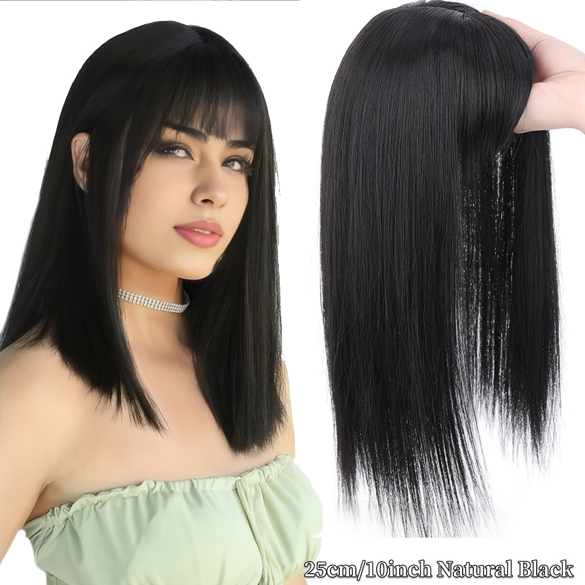 Straight synthetic hair pieces for women that seamlessly clip in to provide a natural-looking bang, with an invisible white cover and hair clips.