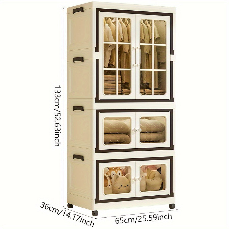 Portable closets that are suitable for bedroom, kitchen, and bathroom. This multifunctional folding storage cabinet is easy to assemble and made of plastic. It is a space-saving mobile wardrobe with wheel lock, perfect for hanging large children's