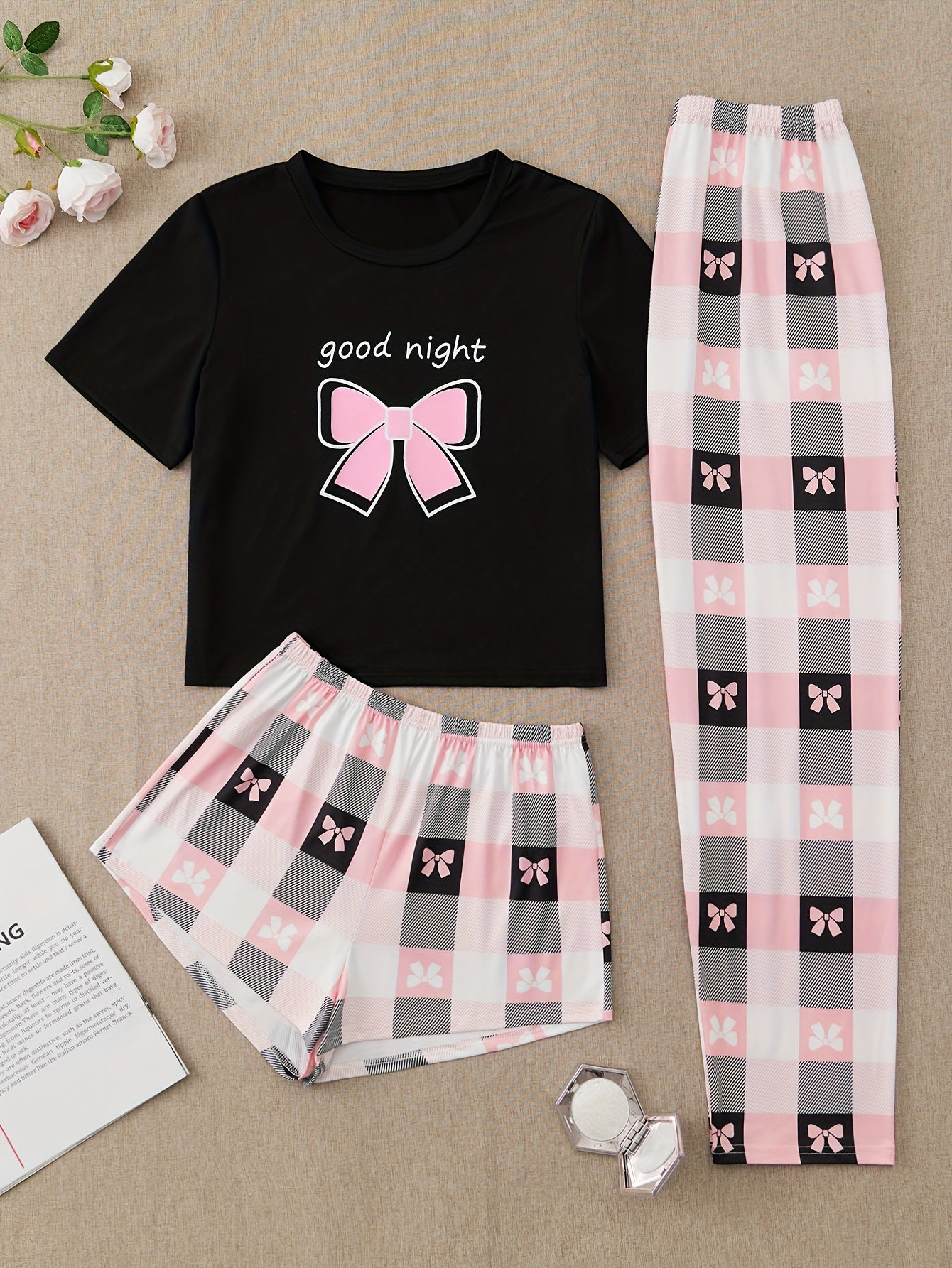 Women's Bow Print Pajamas Set with Short Sleeve Top and Plaid Bottoms