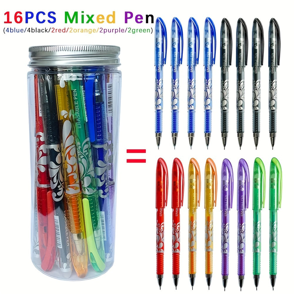 16 erasable gel pens with a 0.5mm tip in 6 colors, stored in a creative bottle for students and office use.