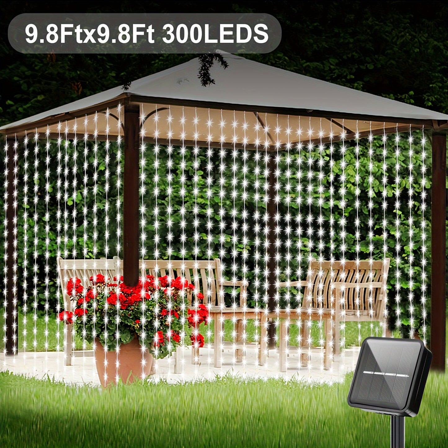 Solar powered waterfall LED string lights with 300 LEDs, 8 modes. Ideal for outdoor and indoor decor, great for camping, weddings, parties, RV, and patio. Dimensions: 298.7x298.7cm.