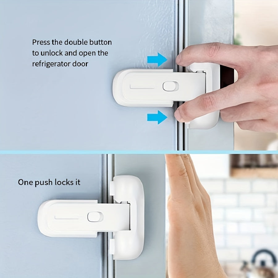 Safety latch for refrigerator door designed specifically for young children - made from non-toxic plastic for a secure, child-proof closure.