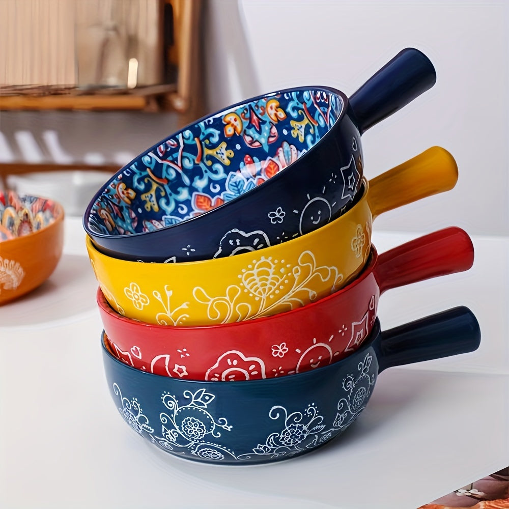 22.1 cm Bohemian ceramic salad bowl with handle, microwave and oven safe for home baking and serving.