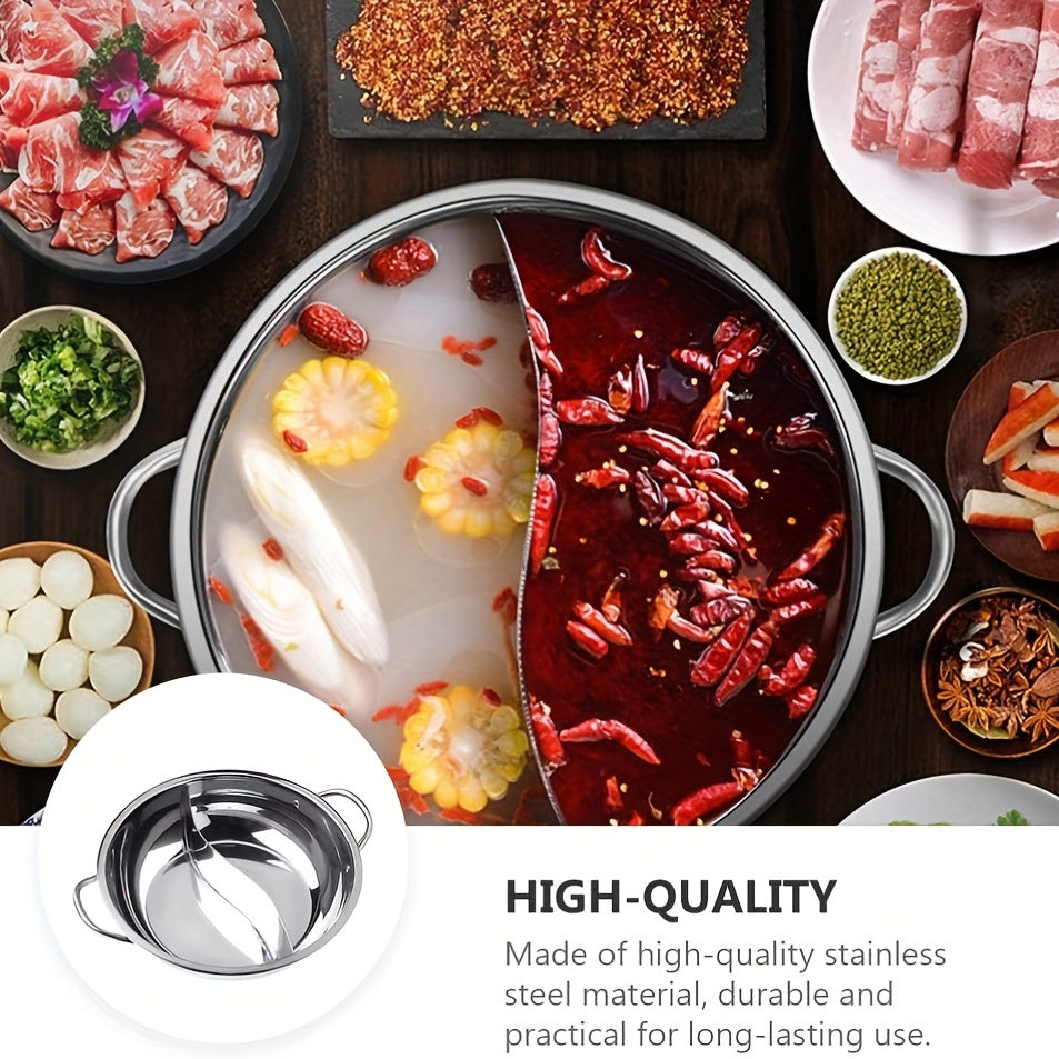 Dual sided hot pot with divider made of stainless steel, perfect for traditional shabu shabu cooking. Compatible with gas and induction hobs, this energy-efficient soup pot is designed for kitchen use without the need for electricity.