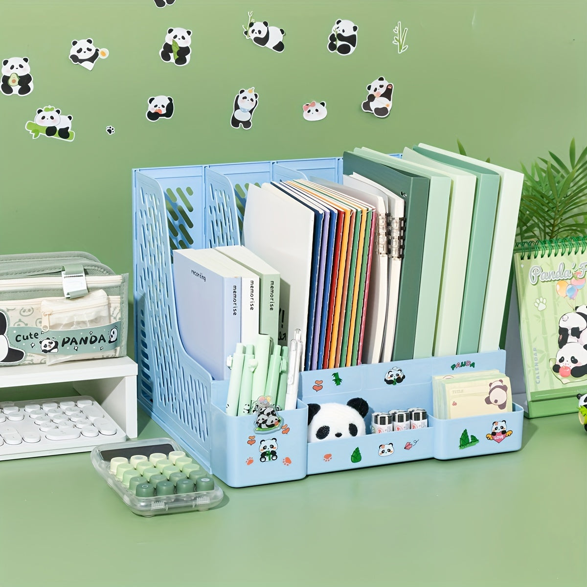 Desktop file organizer with panda theme, 4 slots and detachable tiered shelves for office storage. Made of PP material.