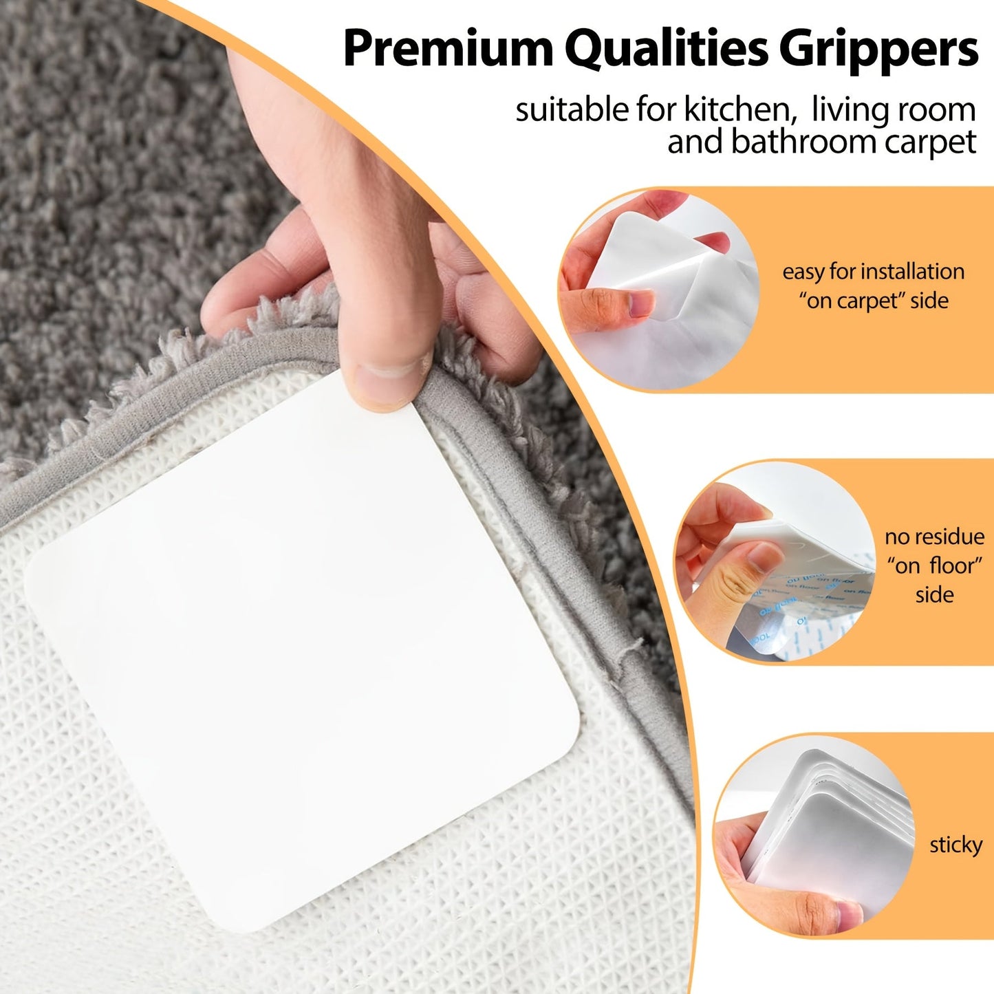 Get a set of 4/8 pieces of Rug Gripper that are anti-slip carpet stickers in a size of 3.15*3.15 inches/8*8 cm square. These rug tapes are perfect for hardwood floors and tiles and are anti-drilling for use in bedrooms, kitchens, and balconies. They are