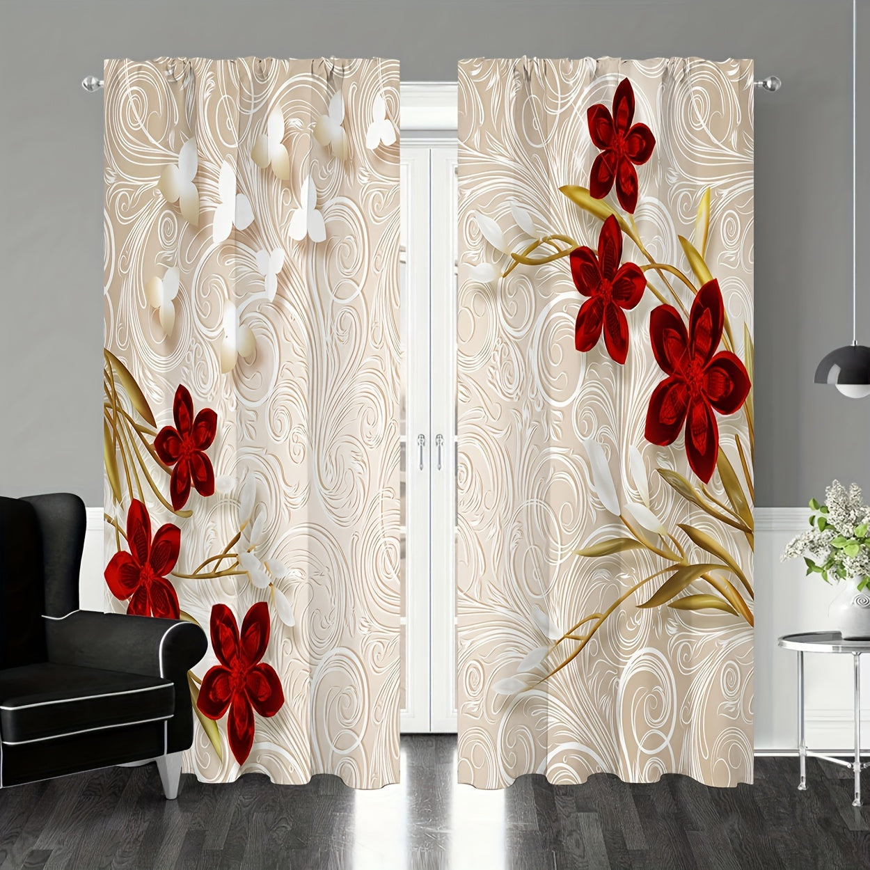 Two pieces of floral printed curtains with rod pocket design for windows, perfect for bedroom or living room window treatments and home decoration. Enhance the room decor with these beautiful drapes.