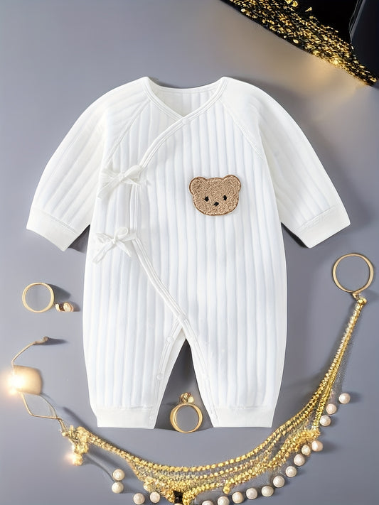 Breathable cotton bodysuit with cute bear patch, perfect for newborns and toddlers for outdoor wear