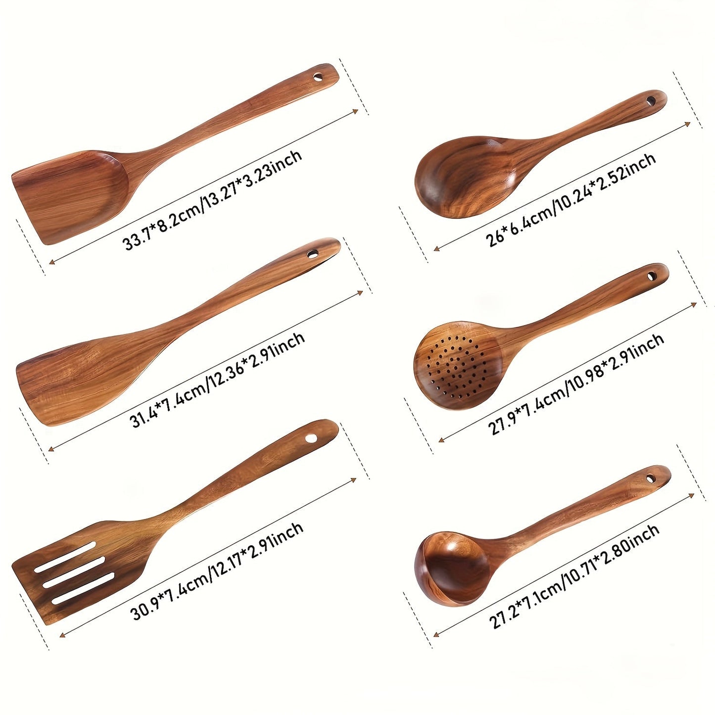 Set of 6 high-quality wooden kitchen utensils, including non-stick and heat-resistant tools for safe and healthy cooking. Includes spatulas and spoons made from premium wood.