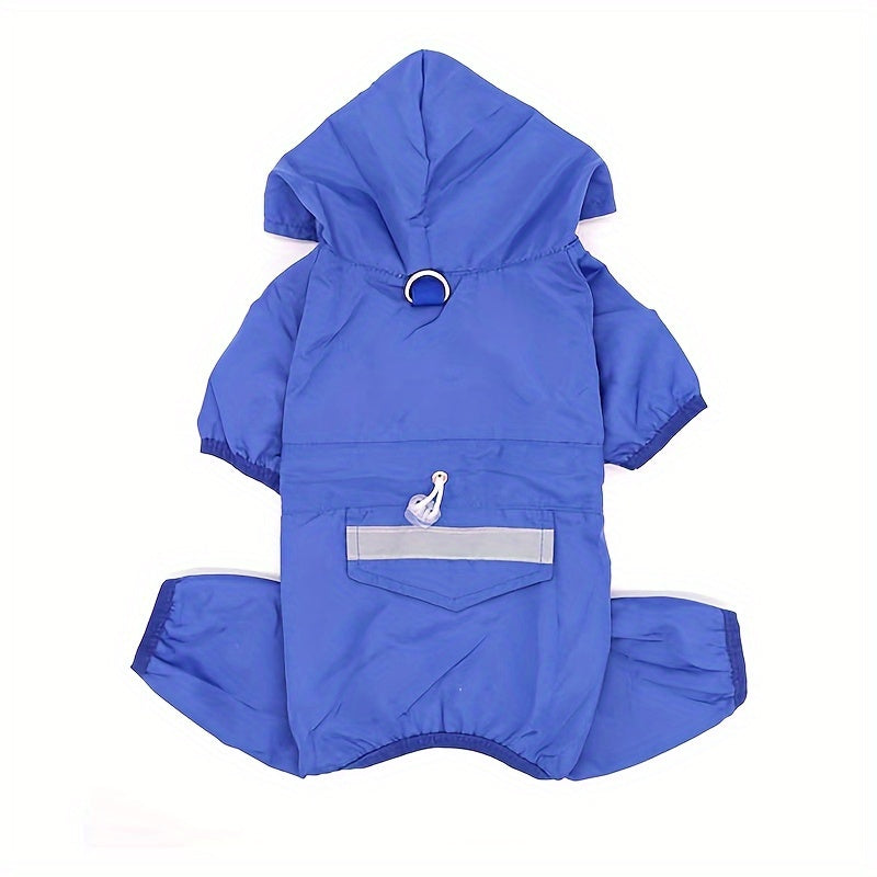 Waterproof reflective dog raincoat with snap buttons, stretch fabric. Suitable for small to medium breeds, hand wash only. Hooded, water resistant.