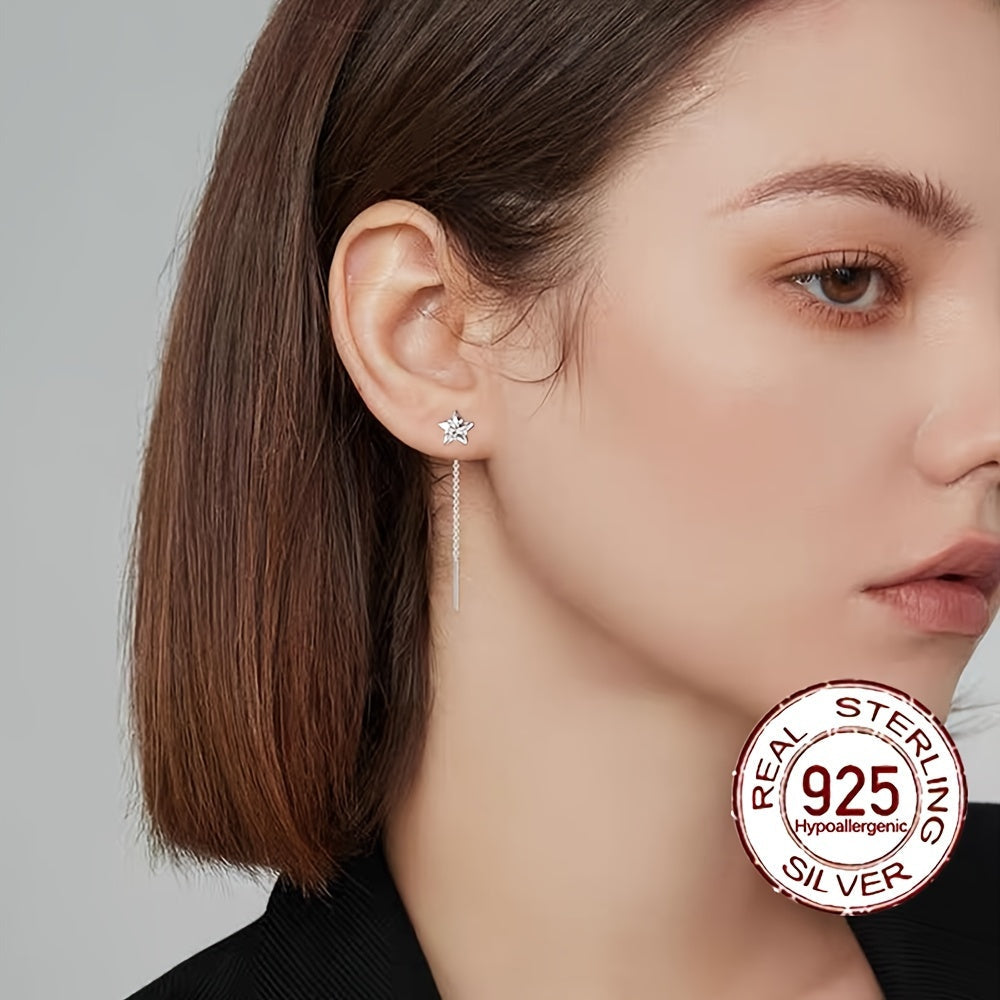 925 Sterling Silver Hypoallergenic Cube Earrings with Shiny Zirconia Decor, Chain Design Dangle, Elegant and Simple Style, Perfect Female Gift