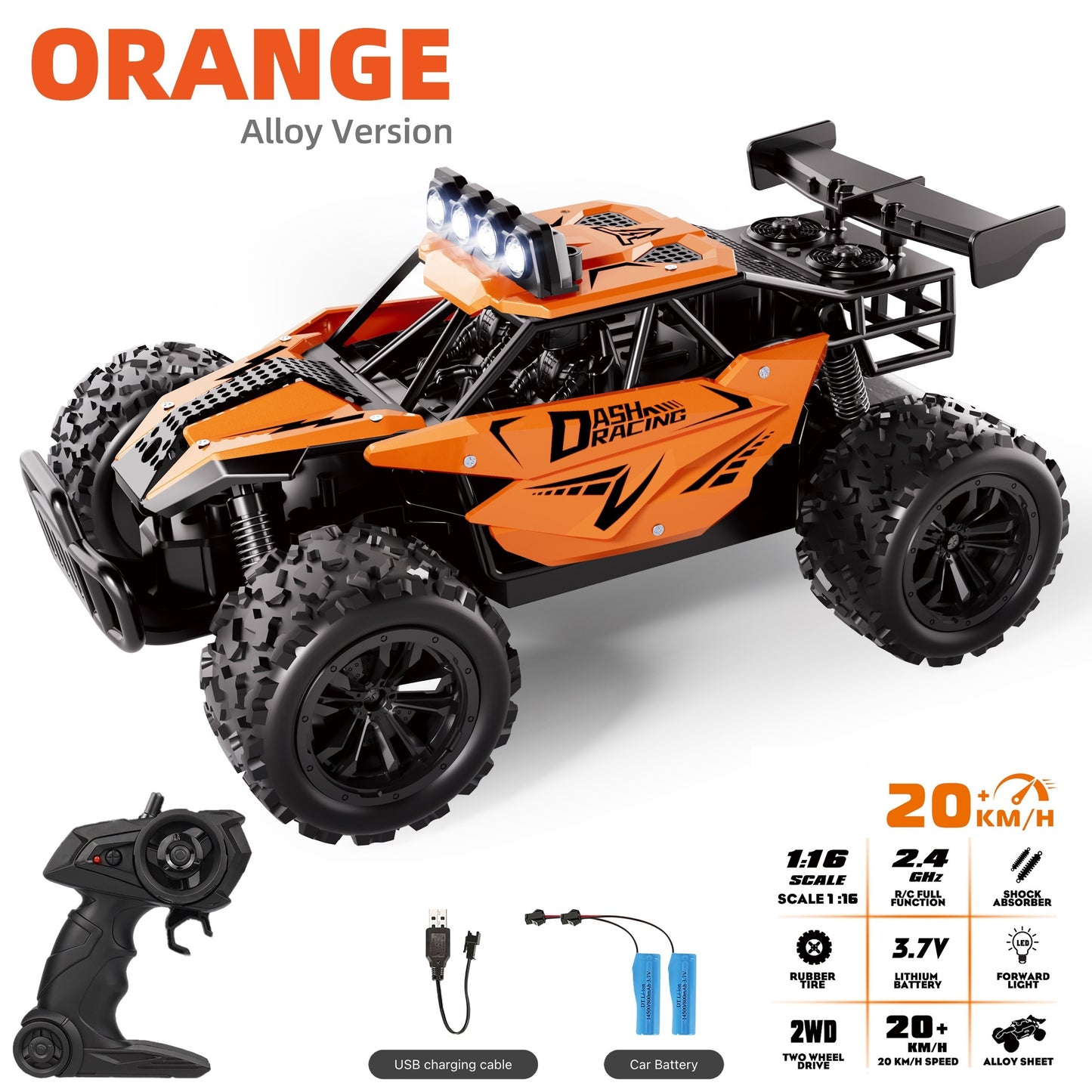 K.K 1:16 Scale High-Speed RC Truck with Alloy Body, Double Battery, and 20 km/h Speed. Includes 2.4G Remote Control in Blue & Black Design. Ideal Gift for Boys and Girls.