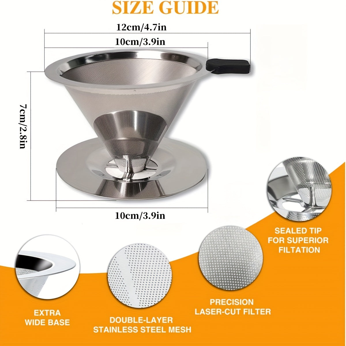 Single Cup Stainless Steel Pour Over Coffee Filter with Double Mesh Cone Design and Integrated Fine Mesh Strainer - Eliminates the Need for Paper Filters