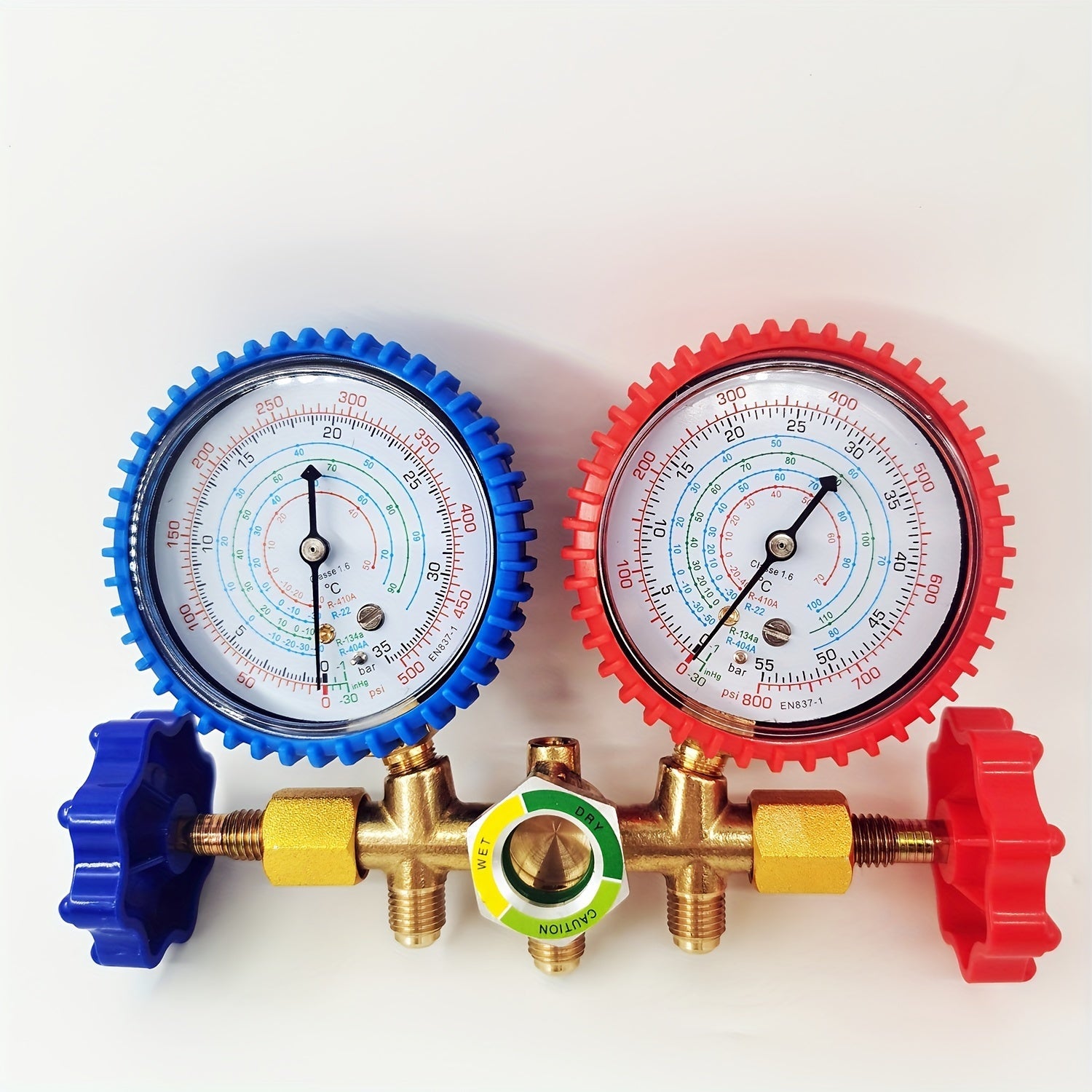 HVAC and Refrigeration Manifold Gauge Set with Hoses and Hook, Made from Metal and Plastic, Compatible with R410A, R404A, R134A, R22 Refrigerants. Ideal for Automotive and Home Air Conditioning Charging, No Power Needed.