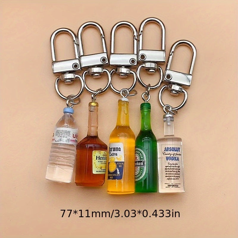 Set of 5 Miniature Beverage Bottle Keychain Set, Made of Resin & Alloy, Ideal for Keys, Phones, Bags, Great for Parties and Unique Gifts