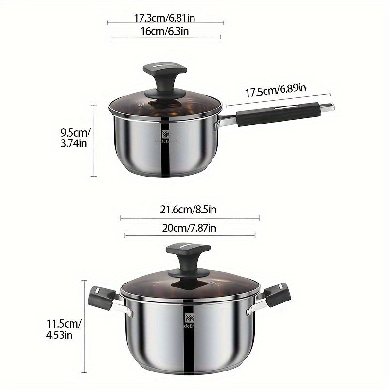 Stainless Steel Cookware Set - Includes 17.3cm Milk Pot and 21.59cm Soup Pot, Easy to Clean, Compatible with Gas Stove, Suitable for All Types of Stovetops