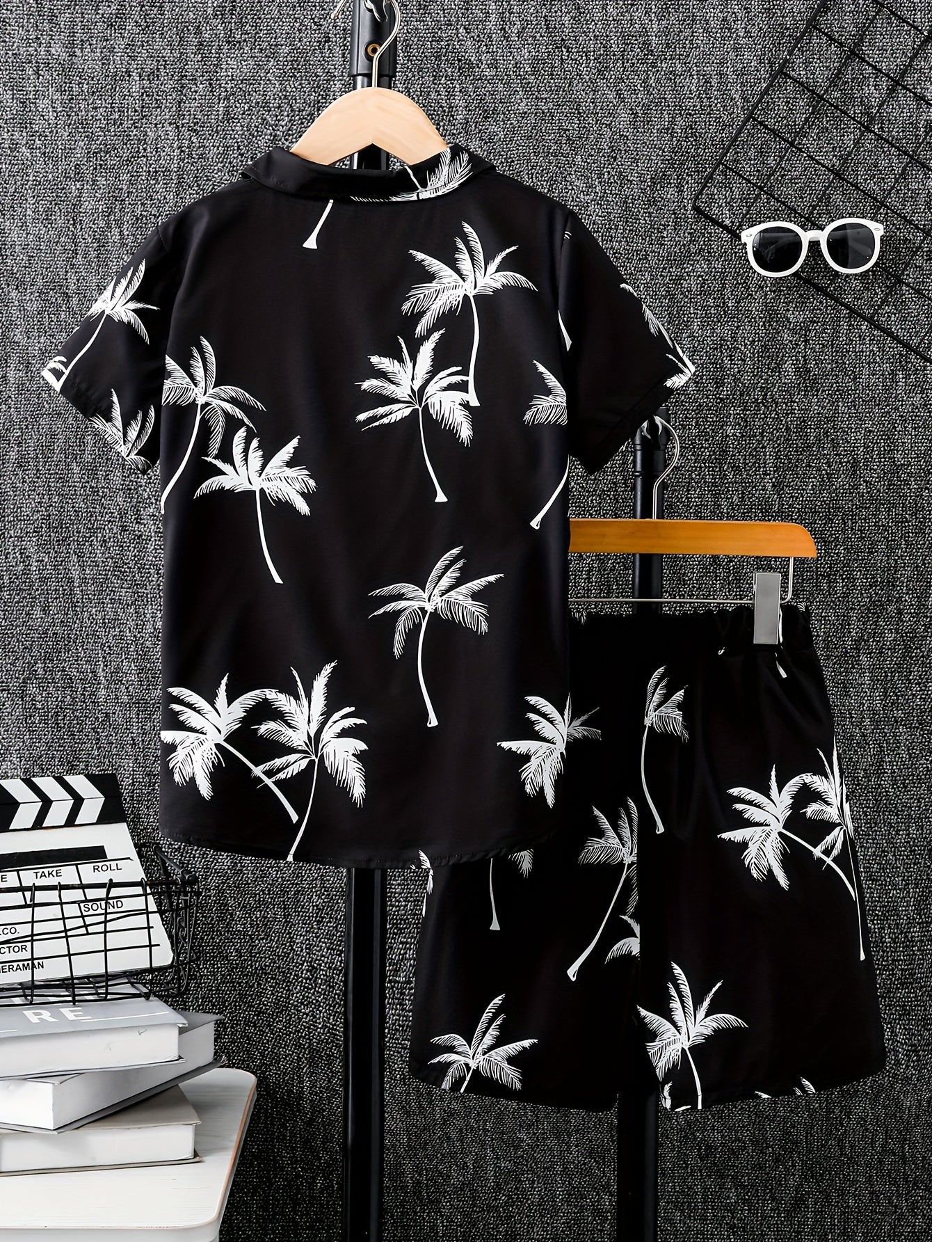 Boys casual coconut tree graphic print short sleeve shirt and shorts set for summer wear.