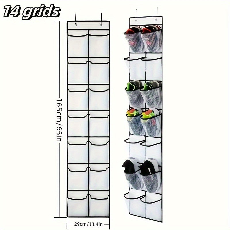 Over-the-door shoe organizer with 24 large mesh pockets.