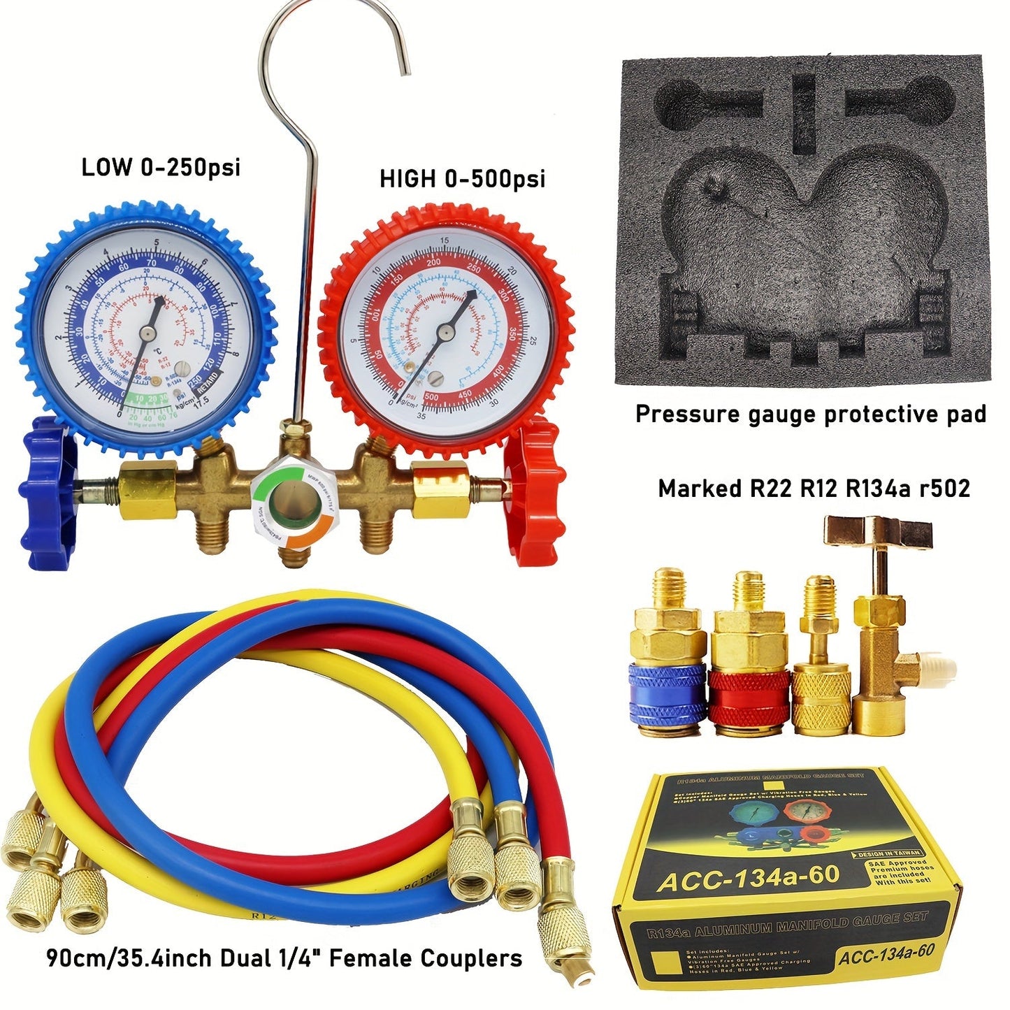 Car AC Dual-Gauge Refrigerant Pressure Tester Set - Made of Long-lasting Plastic and Metal, Does Not Require Power - Perfect for R22, R502, R404A, and R134A refrigerants