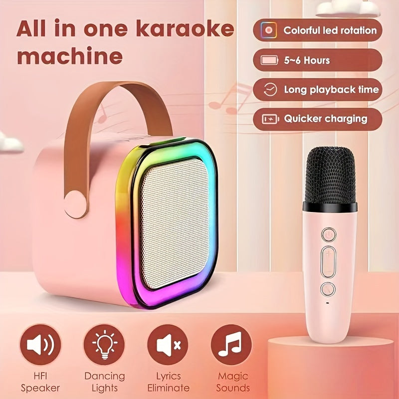 Portable wireless karaoke speaker and microphone set, rechargeable and colorful for adult birthday parties. Ideal for home karaoke systems, featuring modern microphone style and Type-C