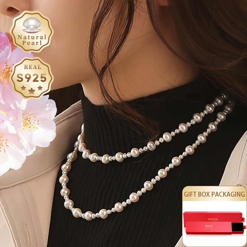 Elegant long chain pearl necklace for women by MUFAN. Made with authentic S925 silver and 3-4mm/7-8mm natural freshwater pearls. The necklace is 80cm long and comes in a gift box, perfect for daily wear or gifting. Please note: pearls may have small