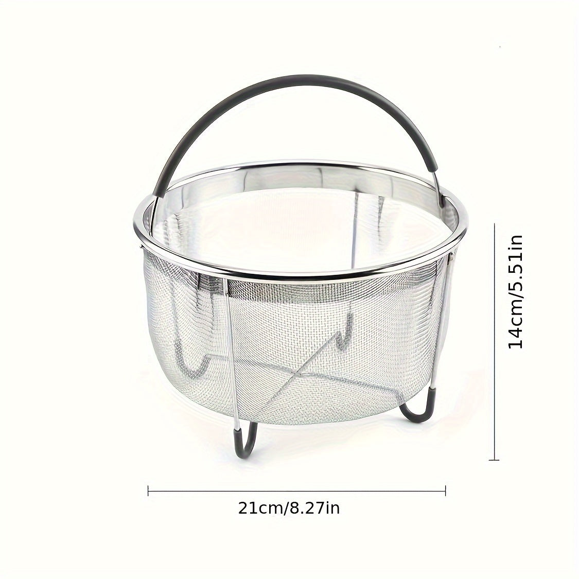 Stainless steel steamer basket designed for 6-quart instant pots, pressure cookers, and other pots. Features a handle and 304 stainless steel filter and inserts. Also available in 3-quart and 8-quart sizes.