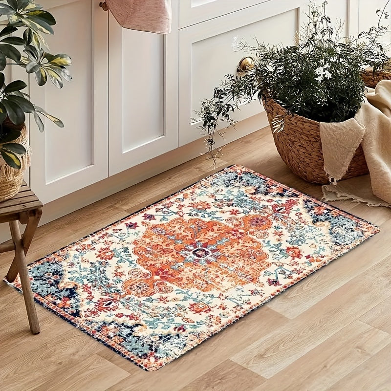 An antique bohemian patterned rug that can be used as a kitchen mat, outdoor carpet, entrance doormat, bathroom mat, non-slip kitchen mat, pet feeding mat, and feeding pad.