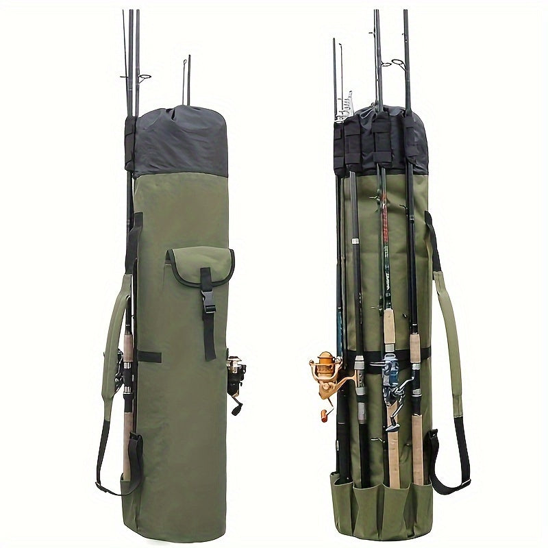 Durable, large waterproof green fishing rod bag with drawstring closure.