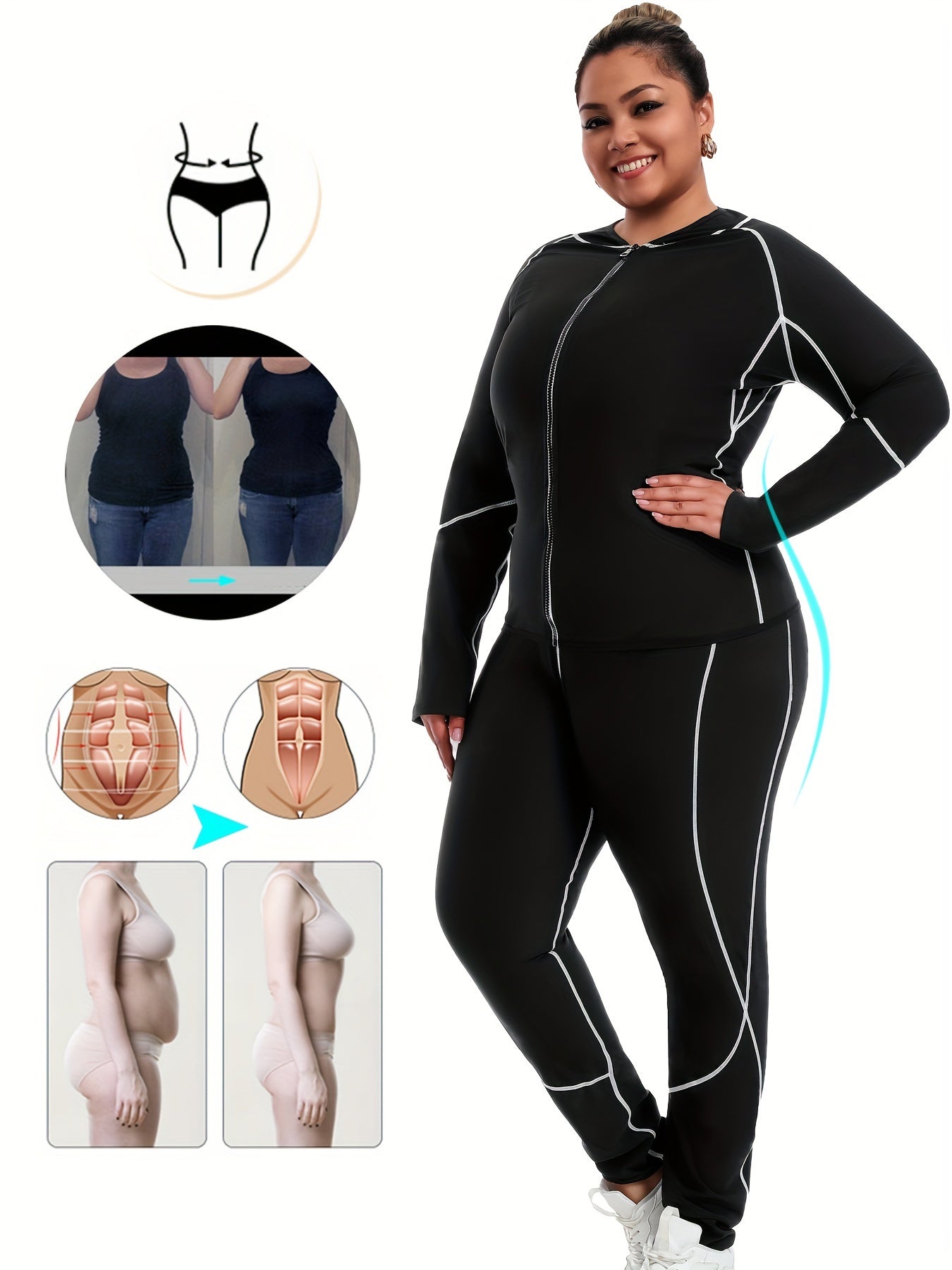 Plus size women's shapewear suit for autumn and winter season, featuring patchwork design and long sleeves for waist trimming and abdominal sweat during fitness activities.