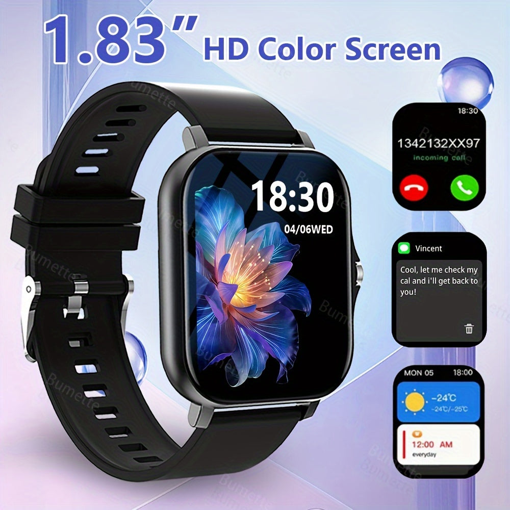 Wireless smartwatch with sports modes, call reminders, message notifications, app alerts, customizable wallpaper, and compatibility with iPhone and Android.